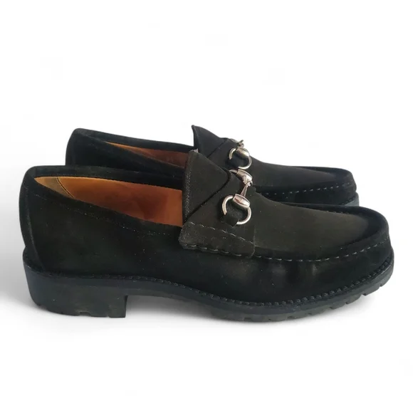 GUCCI 016343 Sylke Black Suede Horsebit Chunky Lug Sole Slip-On Loafers Men's 8½ - Picture 2 of 14